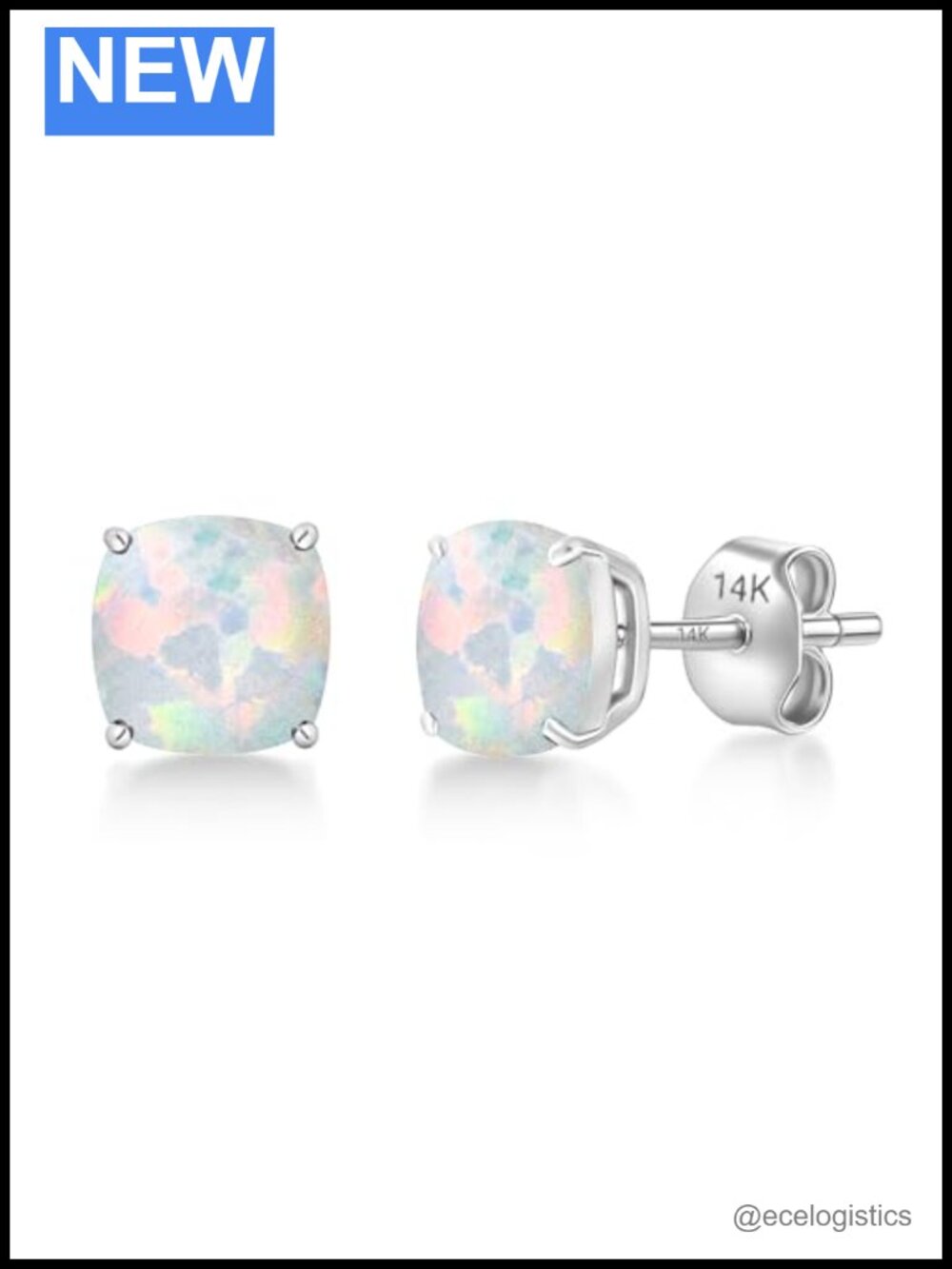 14K Gold 6MM Cushion Cut Lab Created Opal Stud Earrings